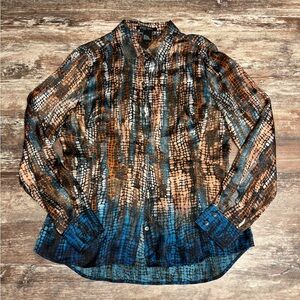 Etcetera | EUC Silk Button Down Shirt Blue Brown Pattern, Size 10